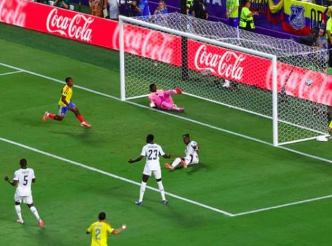 Colombia's Jhon Arias scores goal against Ghana, during 2026 FIFA World Cup match.
