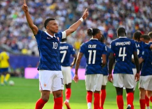 France forward Kylian Mbappe celebrates goal against Sweden, during 2026 FIFA World Cup match.