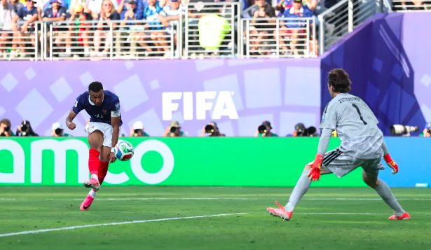 France forward Kylian Mbappe scores third goal against Sweden, during 2026 FIFA World Cup match.
