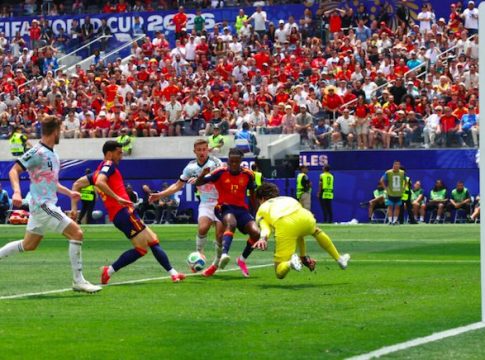 Spain midfielder Mikel Merino scores winning goal against Belgium, during 2026 FIFA World Cup match.