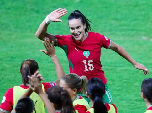 Morocco's senior women's football team celebrate 4-0 win against Kenya, during 2026 Women's Africa Cup of Nations match.