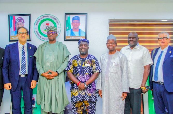 President of the Association of National Olympic Committees of Africa (ANOCA), Mustapha Berraf (L) with National Sports Commission (NSC) chairman, Shehu Dikko (second from left).