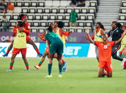Malawi's senior women's football team players celebrate goal against Nigeria, during Women's Africa Cup of Nations (WAFCON) tournament.