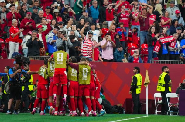 Switzerland's Dan Ndoye celebrates goal with teammates.