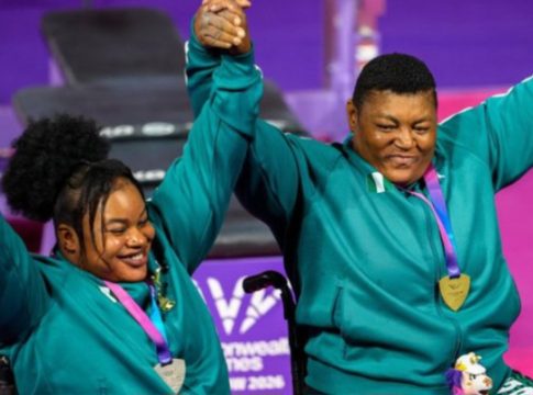Nigeria’s Folashade Oluwafemiayo (R) and Rita Ferdinand (L) on the podium at the 2026 Commonwealth Games in Glasgow, Scotland.