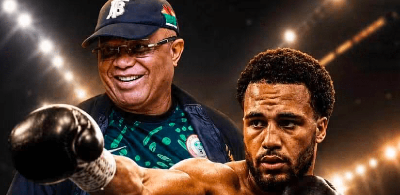 Akwa Ibom State Governor, Umo Eno (R), with Nigerian heavyweight boxer, Moses Itauma (L).