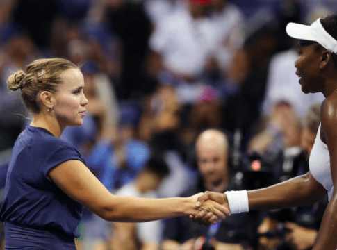 American Sofia Kenin shakes hands with Venus Williams after US Open match.
