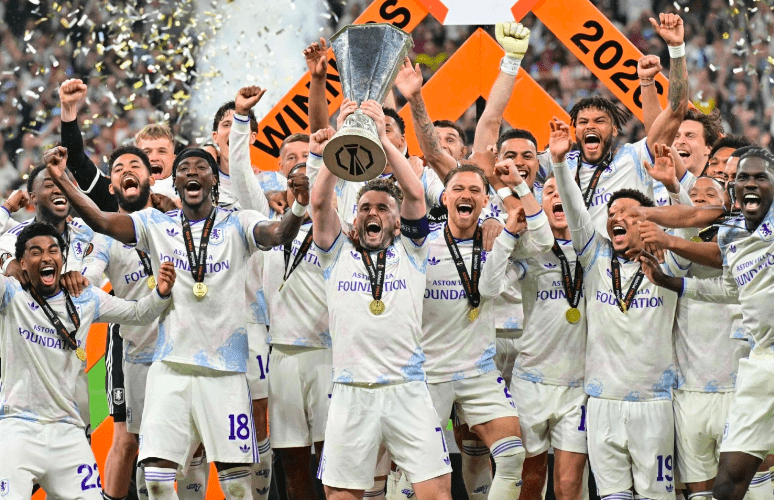 Aston Villa lifting UEFA Europa League trophy