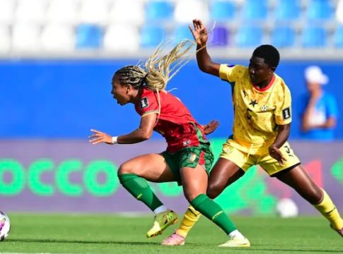 Action during 2026 Women's Africa Cup of Nations match between Cameroon and Ghana.