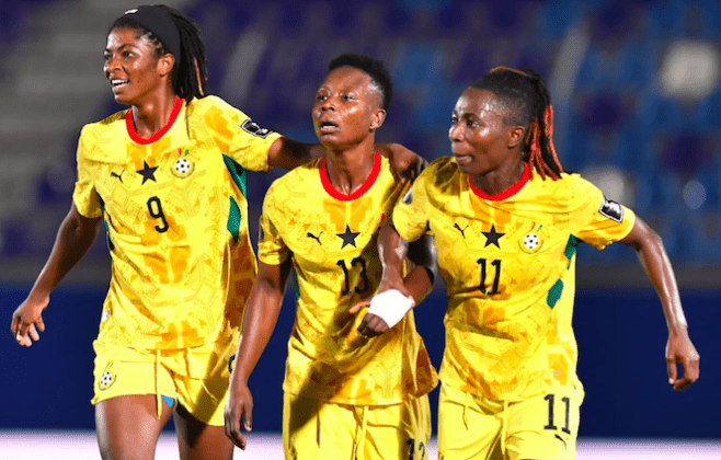 Ghana's senior women's football team celebrate goal.