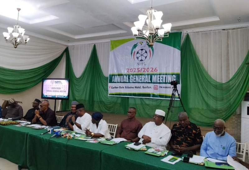 The Chairman of the Nigeria Premier Football League, Gbenga Elegbeleye (C), at 2026 NPFL Annual General Meeting (AGM) in Ibadan, Oyo State, Nigeria.