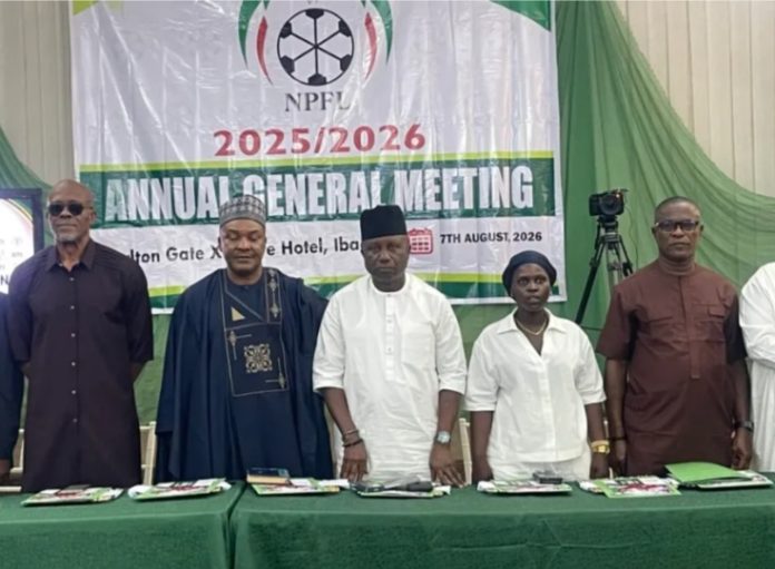 The Chairman of the Nigeria Premier Football League, Gbenga Elegbeleye (C), at 2026 NPFL Annual General Meeting (AGM) in Ibadan, Oyo State, Nigeria.