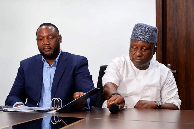Nigeria Premier Football League chairman, Gbenga Elegbeleye (R) with chairman of Murphy Ben International, Murphy Anawana (L).