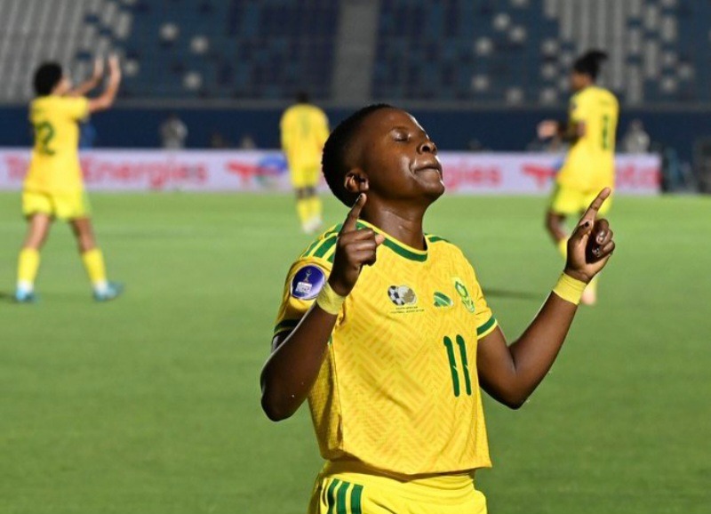 South Africa's Thembi Kgatlana celebrates goal.