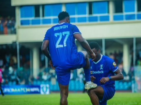 Shooting Stars' Sodiq Ibrahim celebrates goal against Inter Lagos, during Nigeria Premier Football League (NPFL), match, at the Lekan Salami Stadium in Ibadan, Oyo State.