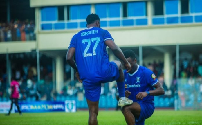 Shooting Stars' Sodiq Ibrahim celebrates goal against Inter Lagos, during Nigeria Premier Football League (NPFL), match, at the Lekan Salami Stadium in Ibadan, Oyo State.