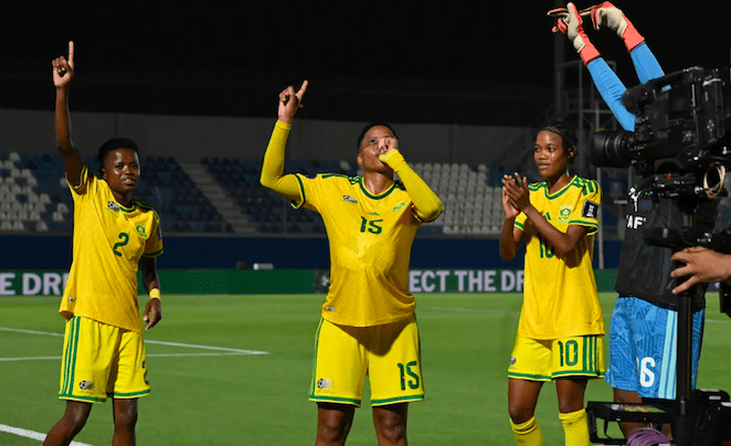 South Africa's Refiloe Jane celebrates goal against Nigeria.