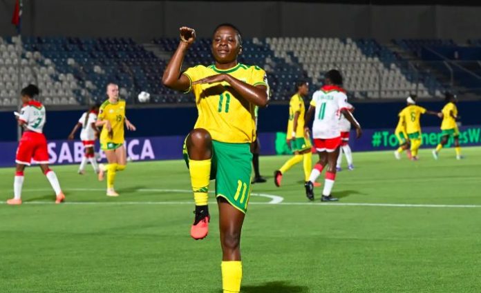 South Africa's Thembi Kgatlana celebrates goal against Burkina Faso, during Women's Africa Cup of Nations match.