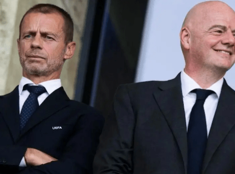 UEFA chief Aleksander Ceferin (L) with FIFA President, Gianni Infantino (R).