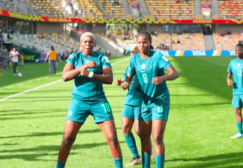 Nigeria's U-20 women's football team, the Falconets, celebrate goal against England.