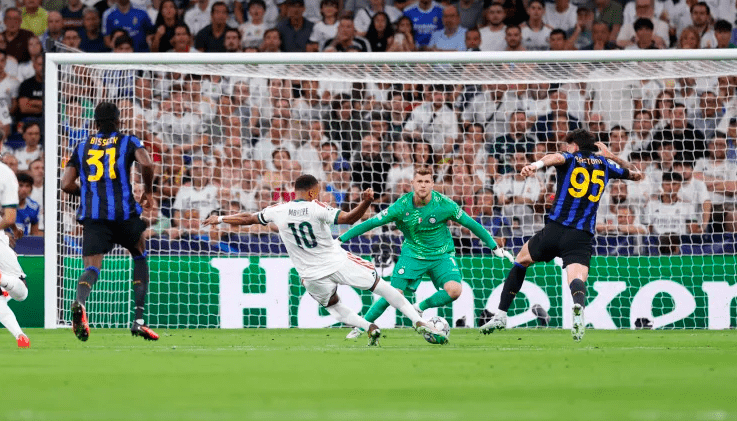 Real Madrid striker, Kylian Mbappe scores.