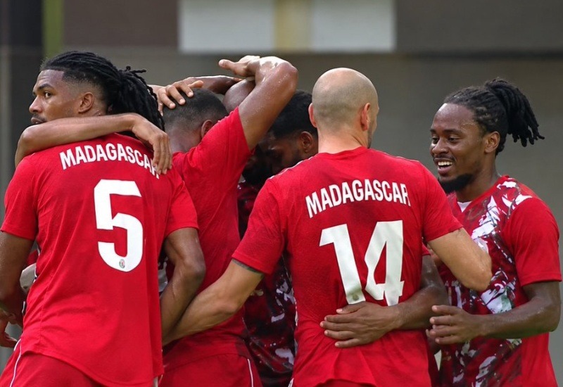Madagascar players celebrate goal.