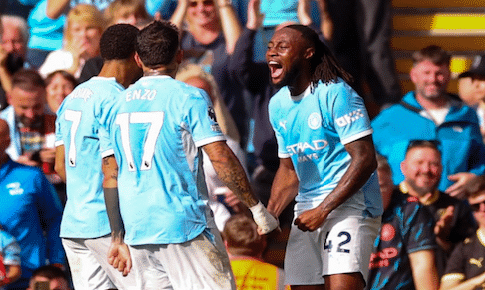 Manchester City's Antoine Semenyo celebrates goal against Sunderland with teammates, during Premier League match at the Etihad Stadium.