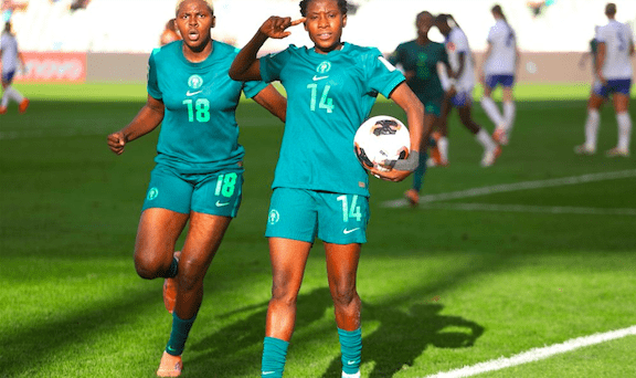 Nigeria's Janet Akekoromowei celebrates goal against England.