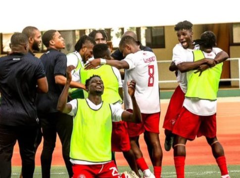 Rangers International players celebrate 5-4 penalty win against Benin Republic's AS Sobemap, during second preliminary round match of the CAF Champions League.