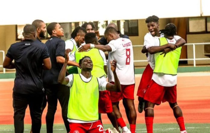 Rangers International players celebrate 5-4 penalty win against Benin Republic's AS Sobemap, during second preliminary round match of the CAF Champions League.