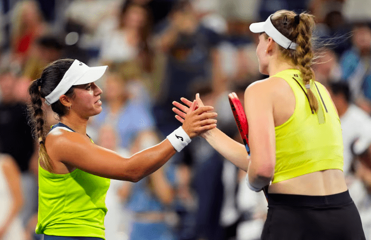 Spain's Jessica Bouzas Maneiro (L) shakes hands with Kazakhstan's Elena Rybakina (R).
