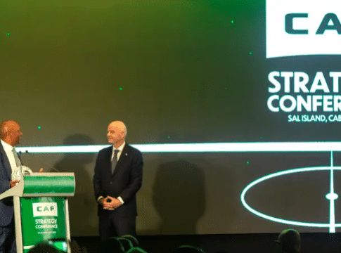 CAF President Patrice Motsepe (L) with FIFA President, Gianni Infantino (R), at the CAF Strategy Conference in Cabo Verde.