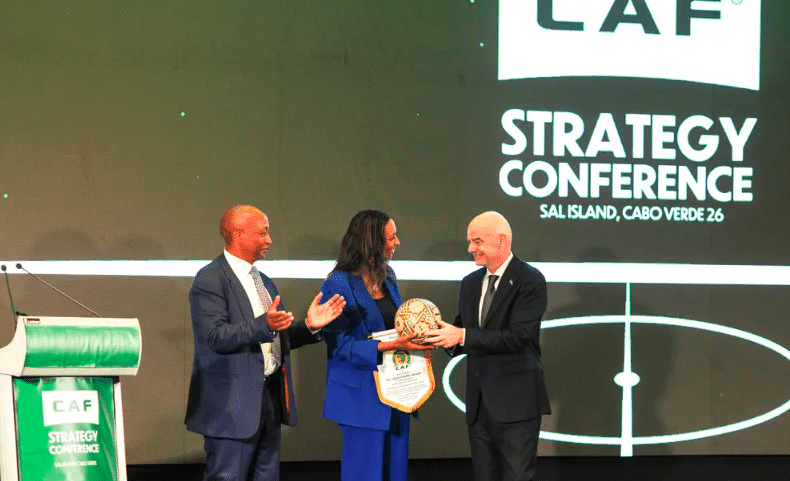 CAF President Patrice Motsepe (L), with Cabo Verde Head of State, Dr Janira Hopffer Almada (C) and FIFA President, Gianni Infantino (R) at CAF Strategy Conference.