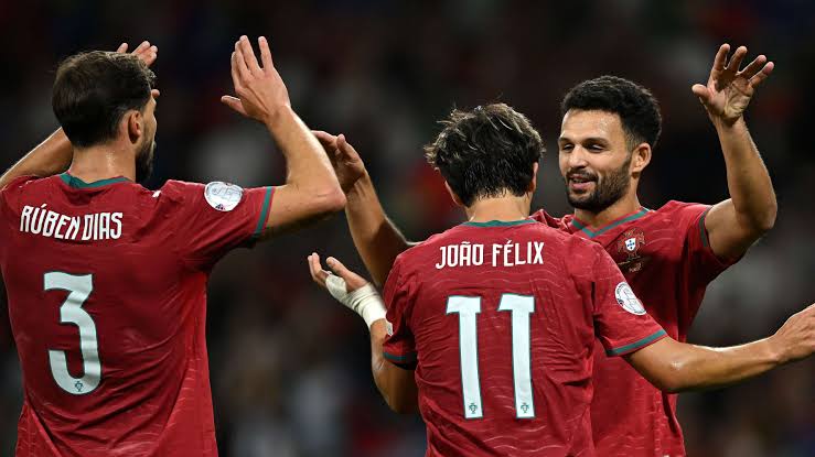 Portugal striker Goncalo Ramos celebrates goal.