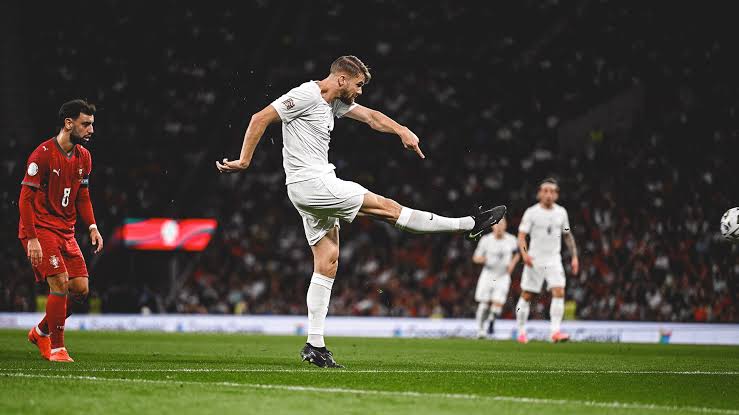 Norway defender Kristoffer Ajer scores from outside the box.