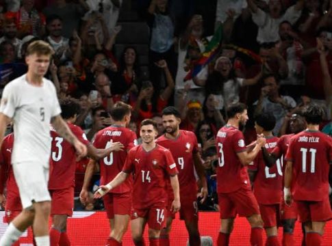 Portugal players celebrate 2-1 UEFA Nations League victory against Norway.